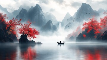 渔舟流水图渔舟流水河流3