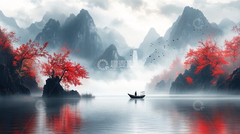 高清大图下载【趣麦麦图】渔舟流水图渔舟流水河流3