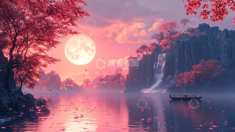 高清大图下载【趣麦麦图】枫叶月夜舟行图1