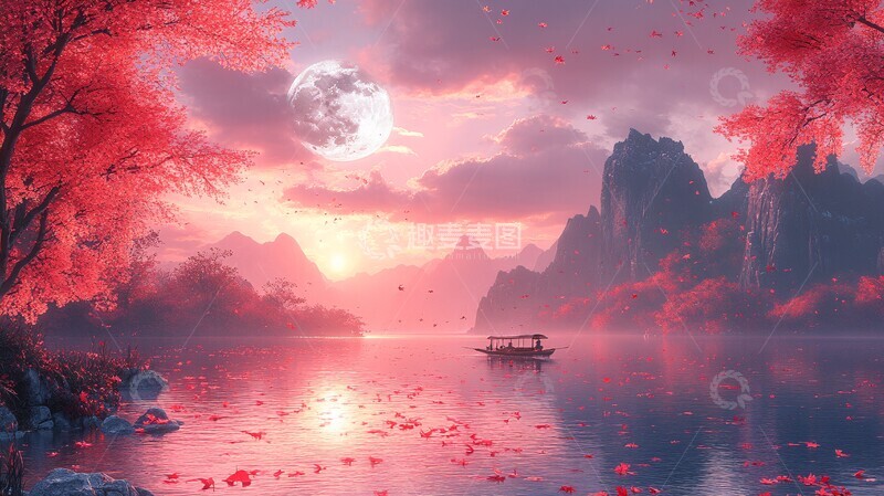高清大图下载【趣麦麦图】枫叶月夜舟行图2