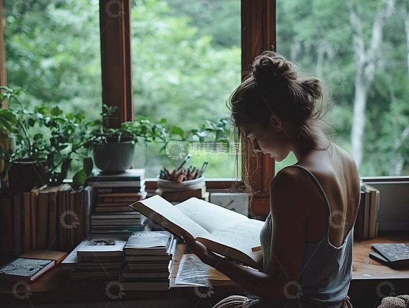 高清大图下载【趣麦麦图】坐在窗前看书的女孩2