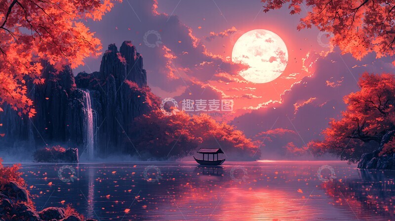 高清大图下载【趣麦麦图】枫叶月夜舟行图