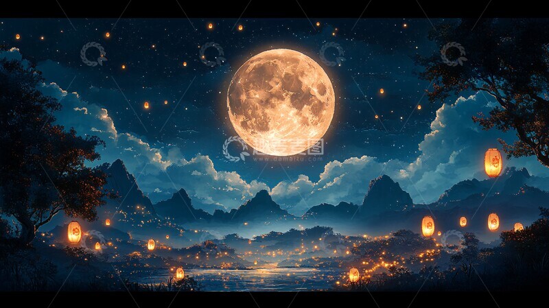 高清大图下载【趣麦麦图】月下桂花灯火云1