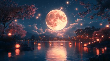 月下桂花灯火云