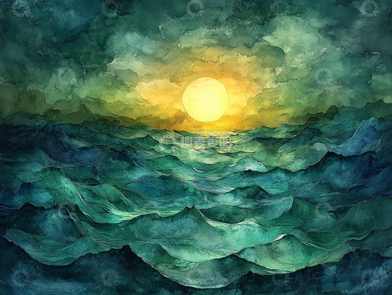 高清大图下载【趣麦麦图】海上落日插画20