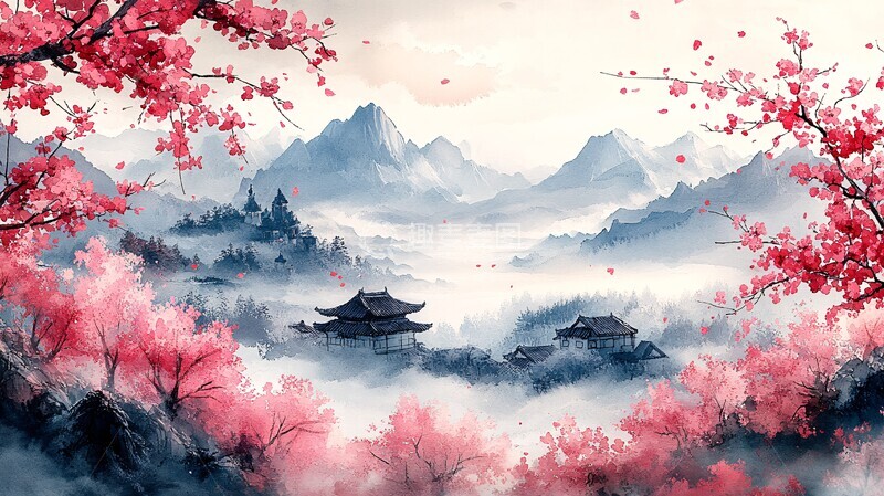 高清大图下载【趣麦麦图】樱花山水背景