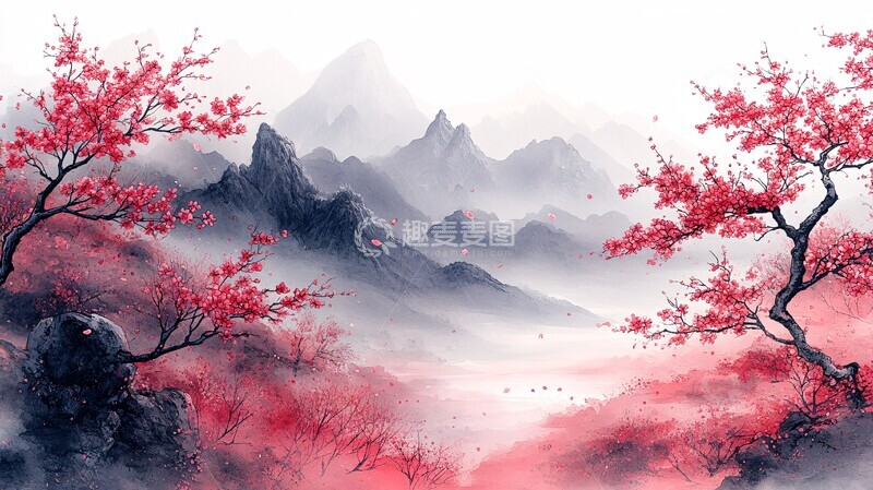 高清大图下载【趣麦麦图】樱花山水背景2