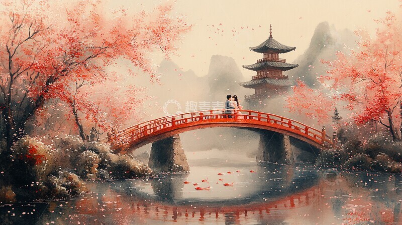 高清大图下载【趣麦麦图】樱花桥上情侣相拥1