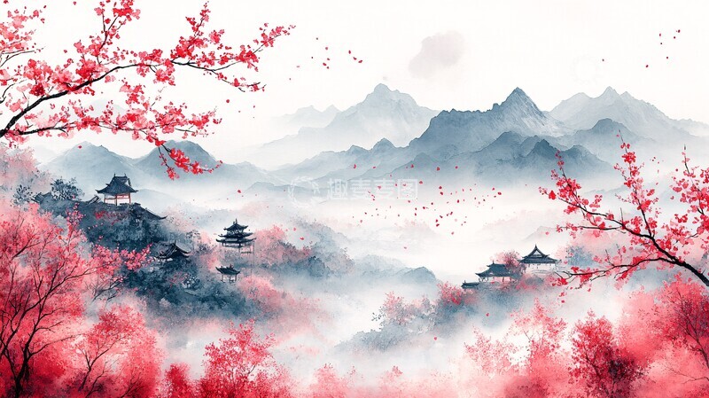 高清大图下载【趣麦麦图】樱花山水背景1