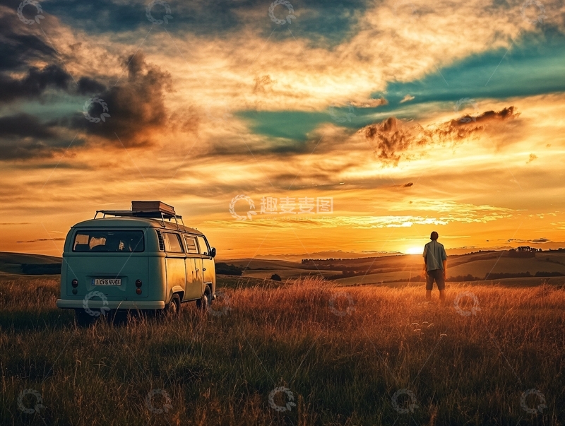 高清大图下载【趣麦麦图】草原中的旅行车