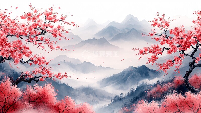 高清大图下载【趣麦麦图】樱花山水背景3