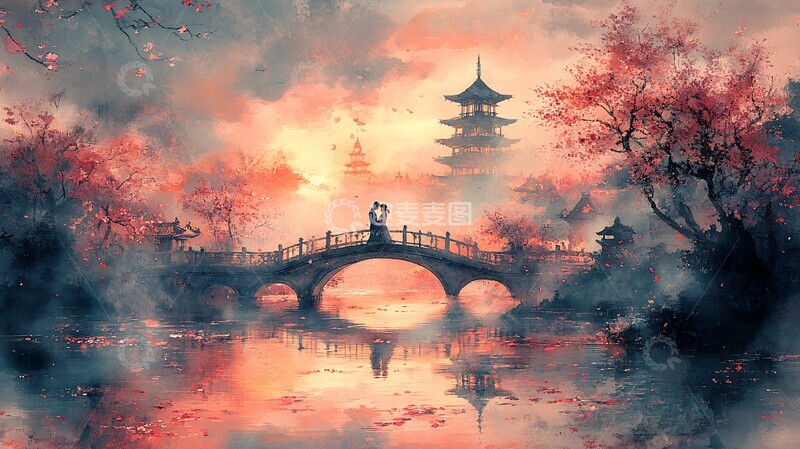 高清大图下载【趣麦麦图】樱花桥上情侣相拥