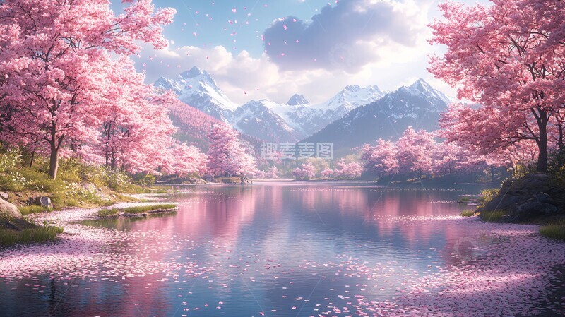 高清大图下载【趣麦麦图】樱花湖畔樱花湖水粉色1