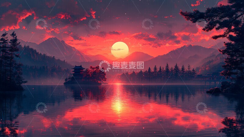 高清大图下载【趣麦麦图】日出湖面日出湖面日本1