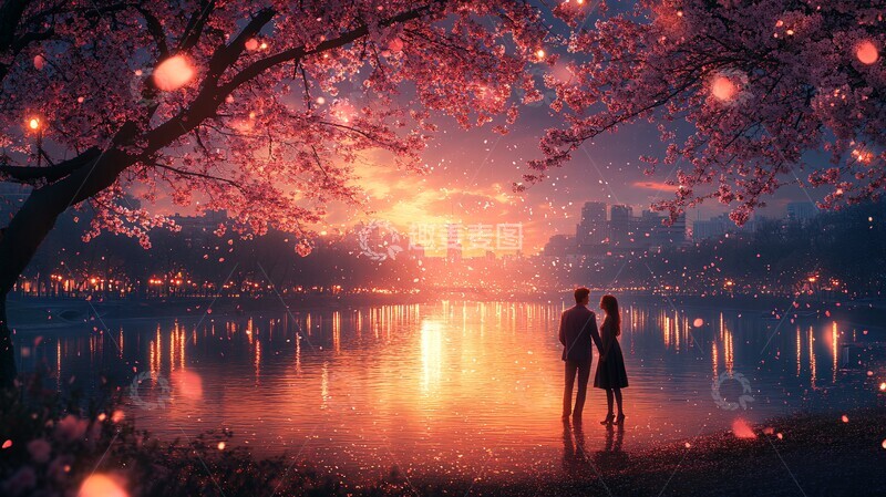 高清大图下载【趣麦麦图】星夜樱花下情侣1