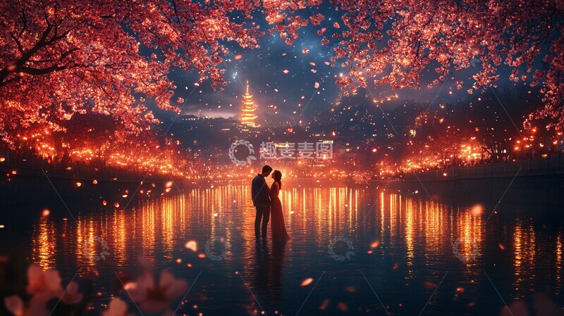 高清大图下载【趣麦麦图】星夜樱花下情侣