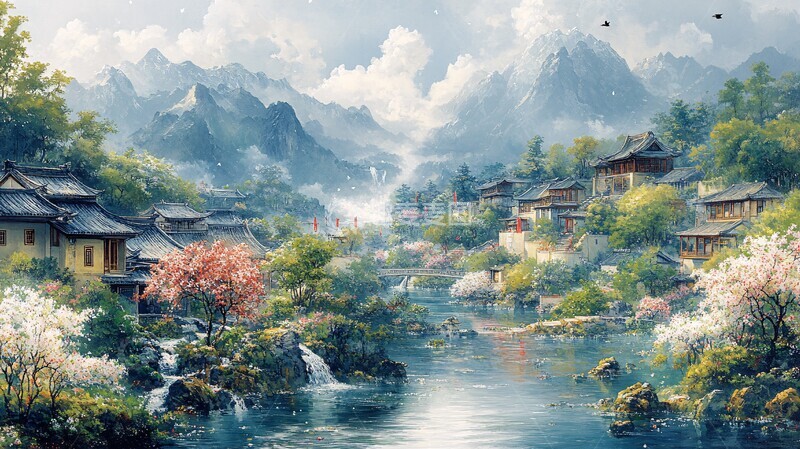 高清大图下载【趣麦麦图】春水桃花绕村图1