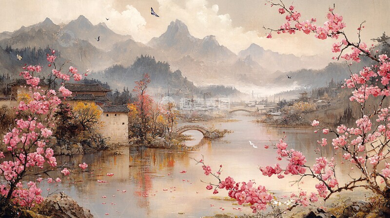 高清大图下载【趣麦麦图】绿树春水桃花村