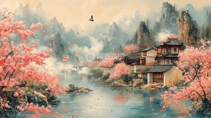 高清大图下载【趣麦麦图】春水桃花绕村景