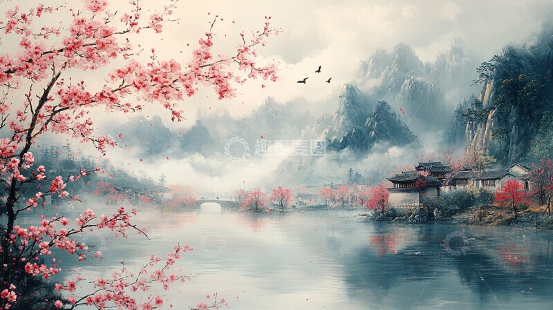 高清大图下载【趣麦麦图】春水桃花绕村图
