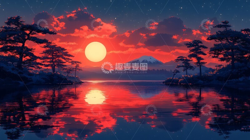 高清大图下载【趣麦麦图】日出湖面日出湖面日本2