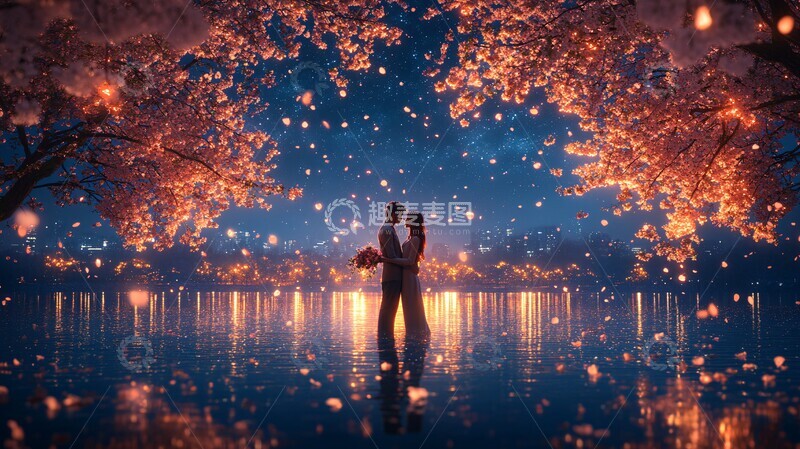 高清大图下载【趣麦麦图】星夜樱花下情侣3