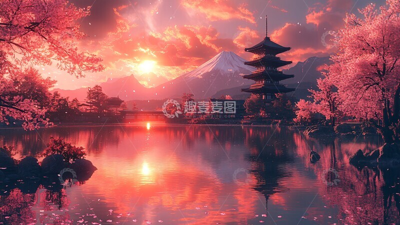 高清大图下载【趣麦麦图】樱花富士山倒影