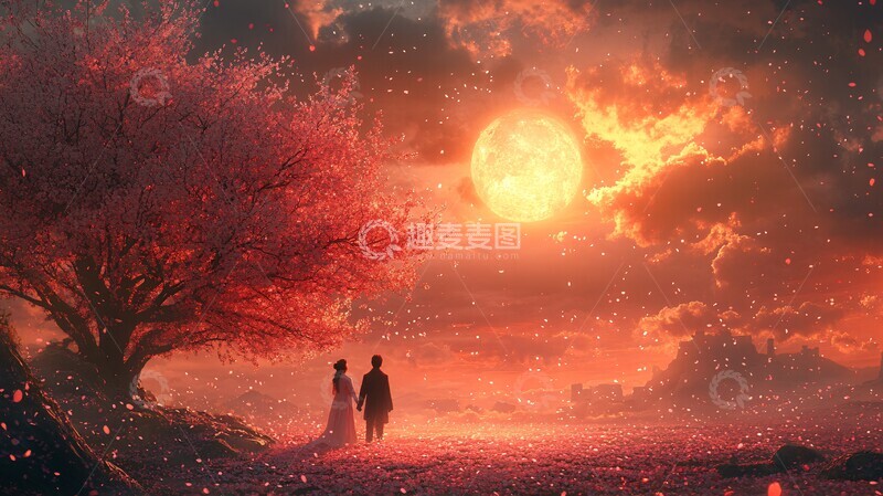 高清大图下载【趣麦麦图】樱花树下手牵手1