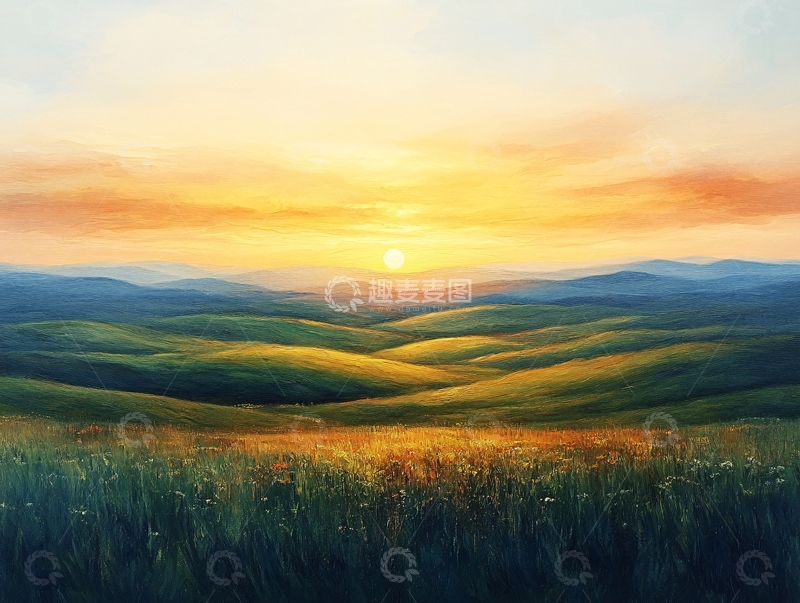 高清大图下载【趣麦麦图】山地丘陵草场夕阳5