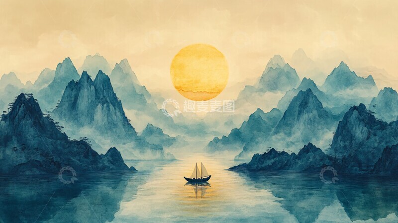 高清大图下载【趣麦麦图】山水云间小舟行2