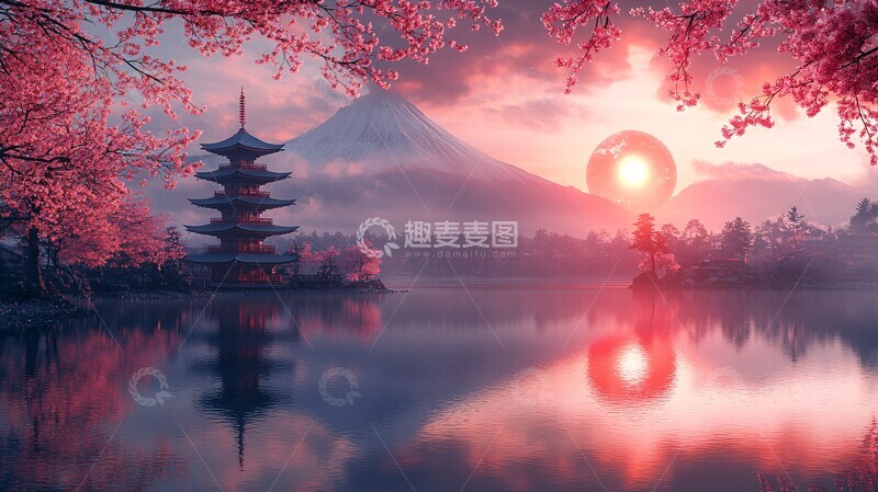 高清大图下载【趣麦麦图】樱花富士山倒影3