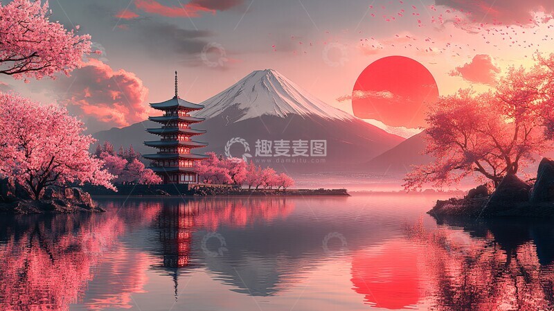 高清大图下载【趣麦麦图】樱花富士山倒影1