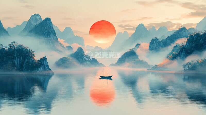 高清大图下载【趣麦麦图】山水云间小舟行