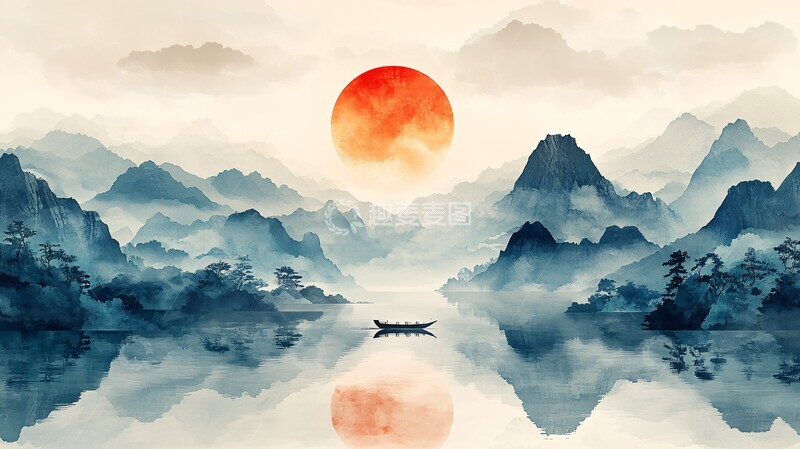 高清大图下载【趣麦麦图】山水云间小舟行1