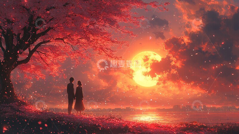 高清大图下载【趣麦麦图】樱花树下手牵手