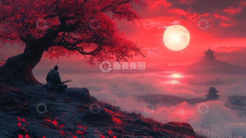 高清大图下载【趣麦麦图】樱花树下武士影1