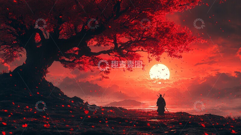 高清大图下载【趣麦麦图】樱花树下武士影