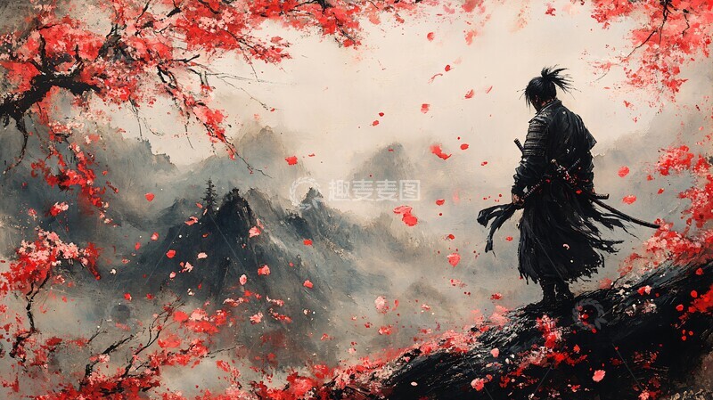 高清大图下载【趣麦麦图】武士立树樱武士樱花水彩