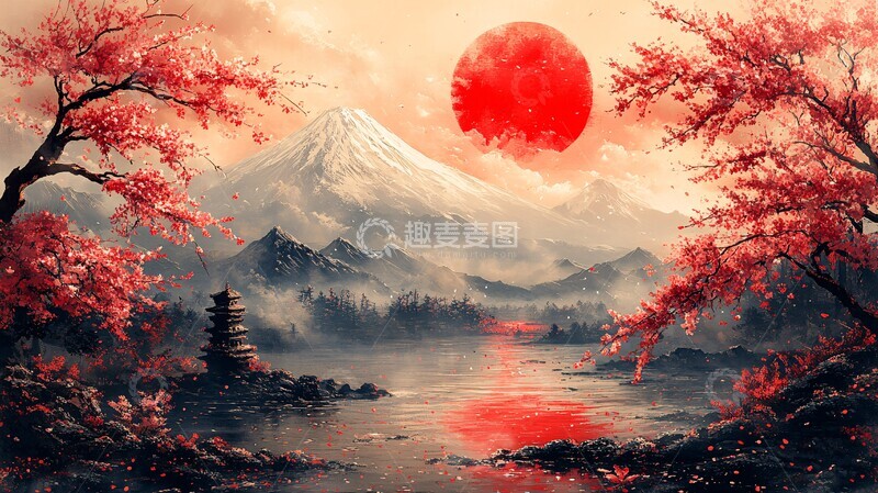 高清大图下载【趣麦麦图】樱花山水太阳2