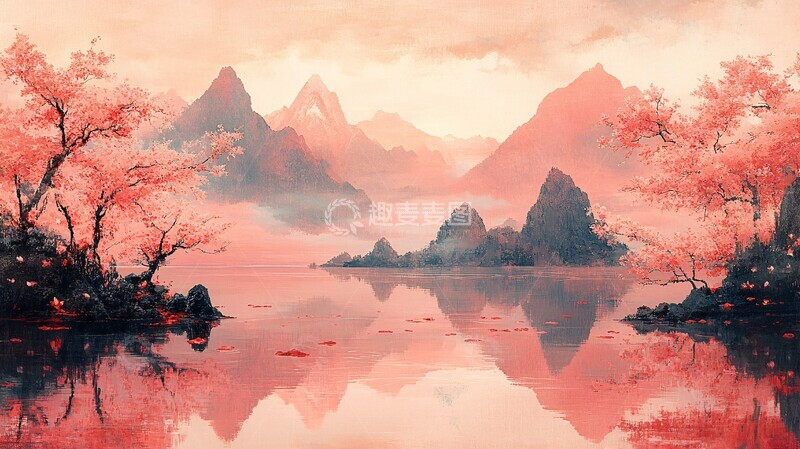 高清大图下载【趣麦麦图】粉山树影鱼悠游