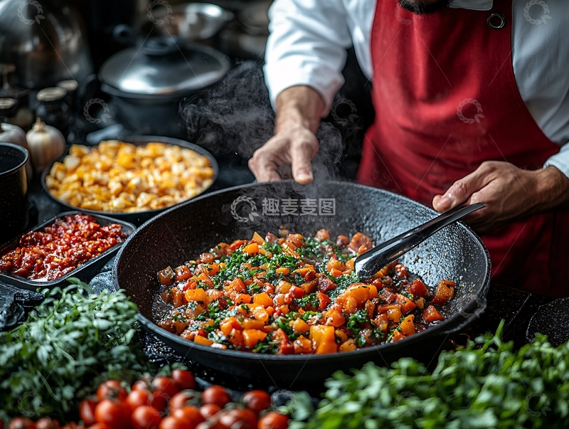高清大图下载【趣麦麦图】厨师炒制番茄底料酱汁1