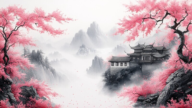 高清大图下载【趣麦麦图】樱花树与房屋1