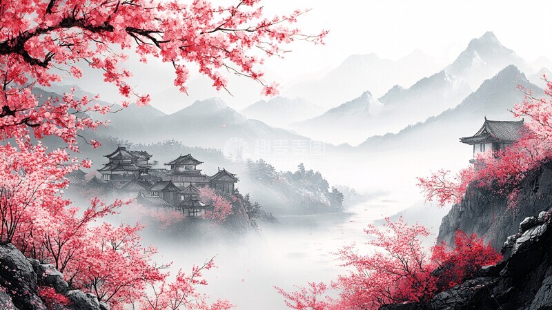 高清大图下载【趣麦麦图】-樱花树与房屋2