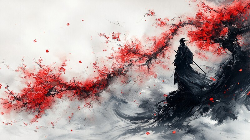 高清大图下载【趣麦麦图】武士立树樱武士樱花水彩1