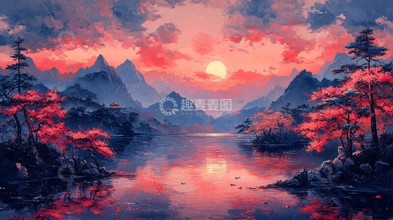 高清大图下载【趣麦麦图】粉色山峦与日式园林