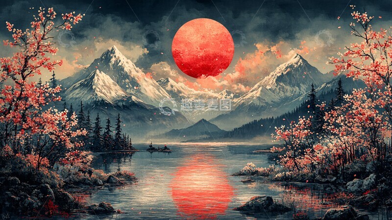 高清大图下载【趣麦麦图】樱花山水太阳1