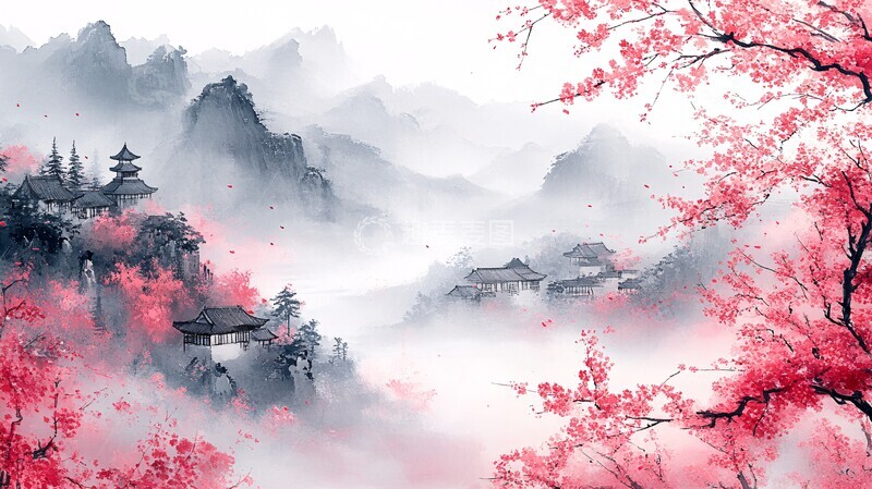 高清大图下载【趣麦麦图】樱花树与房屋3