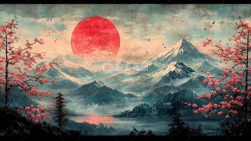 高清大图下载【趣麦麦图】樱花山水太阳3