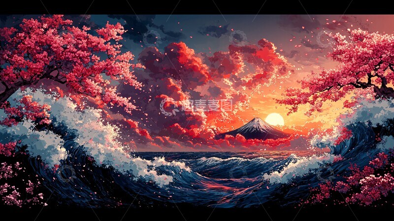 高清大图下载【趣麦麦图】樱花海浪富士山2
