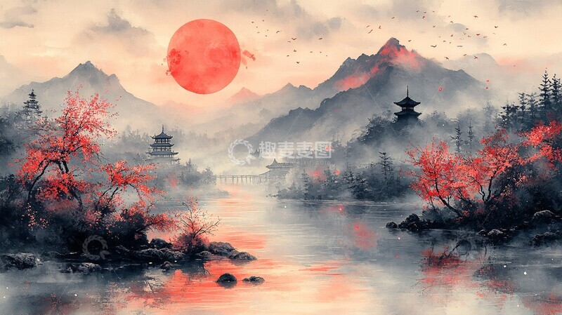 高清大图下载【趣麦麦图】樱花山水图樱花山水河流